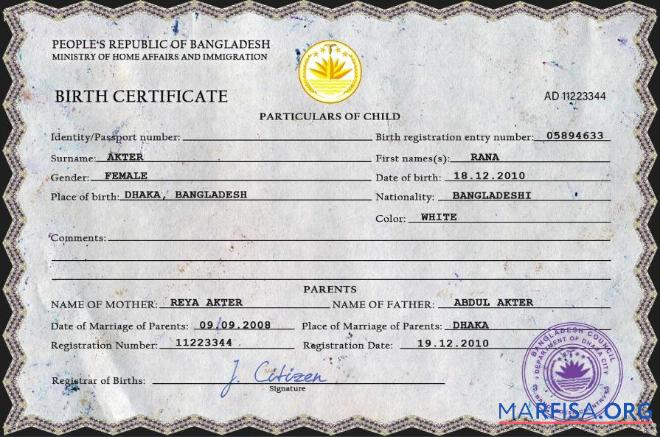 Printable Bangladesh vital record birth certificate PSD template